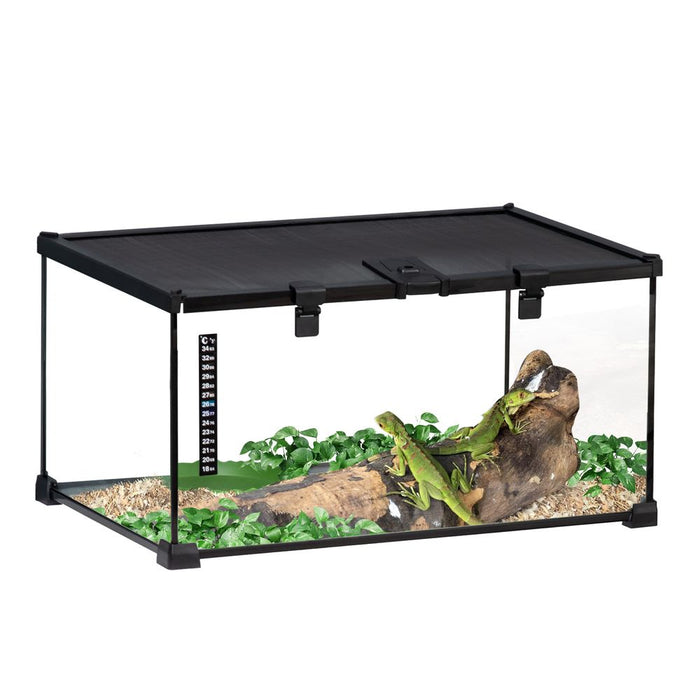 PawHut Glass Reptile Terrarium Insect Breeding Tank Vivarium Habitats with Thermometer for Lizards, Horned Frogs, Snakes, Spiders - Medium 50 x 30 x 25cm