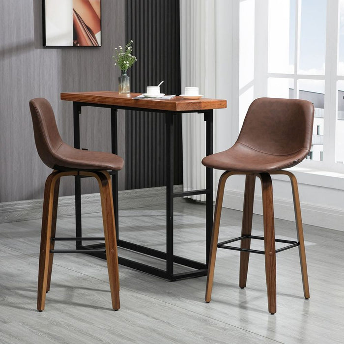 Premium Mid-Back Bar Stools - Set of 2 | Brown PU Leather | Wood Legs | Adjustable Feet