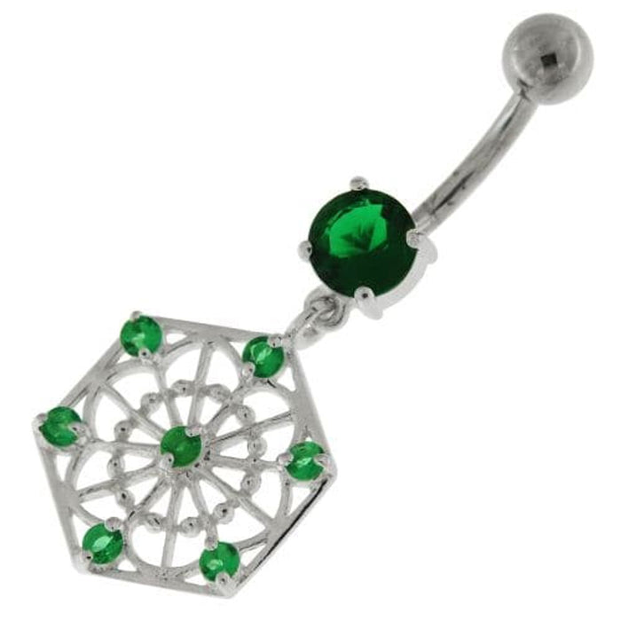 Sterling Silver Jeweled Hexagon Cut out Navel Bar