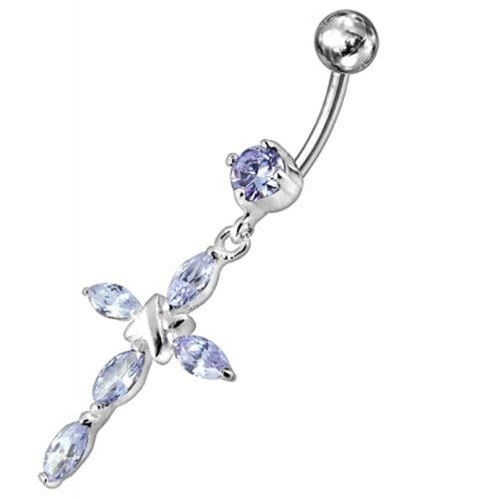 Jeweled Fancy Silver Flower Dangling SS Bar Banana Belly Ring