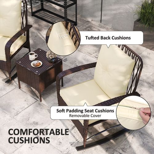 Outsunny Rattan Bistro Set Balcony Furniture with Rocking Chairs, Brown