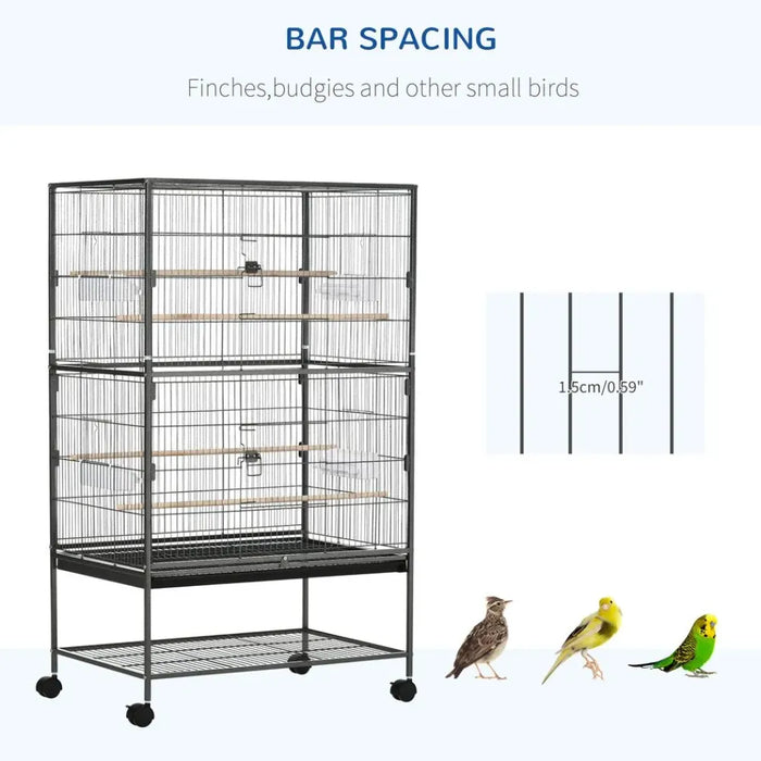 Bird Cage Aviary for Budgies Canaries w/ Rolling Stand Slide-Out Tray, Grey