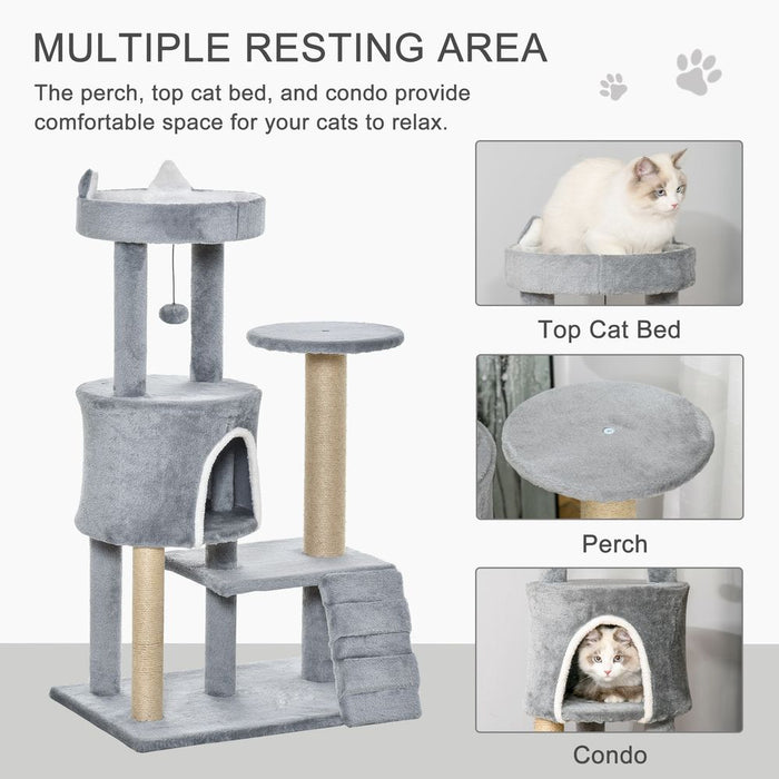 Ultimate Cat Tree: 100cm, Climbing Ladder, Scratching Post & Ball - Professional Quality, Light Grey Pawhut