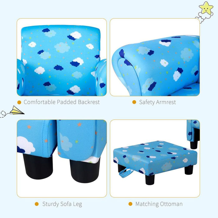 HOMCOM Cute Cloud Star Child Armchair Seat Wood Frame w/ Footrest Padding Blue