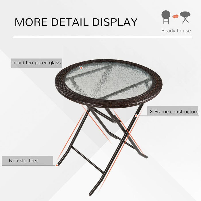 Premium Outsunny Round Glass Metal Table - Folding & Weatherproof - Brown Rattan Edging