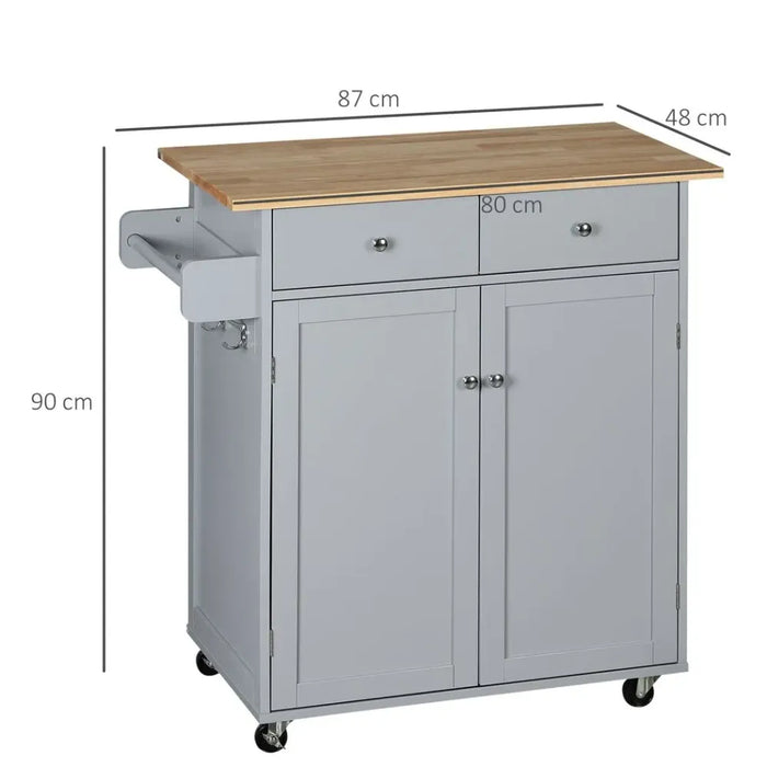 Rolling Kitchen Cart with Rubber Wood Top, Towel Rack, Hooks and Drawers Grey