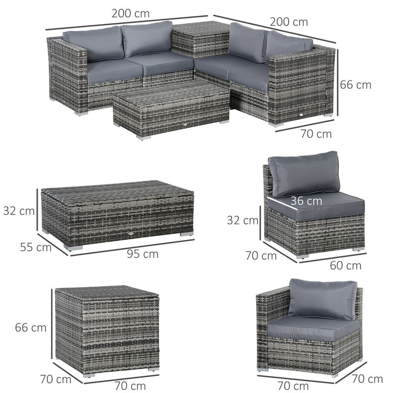 High-Quality 6PC Rattan Corner Sofa Set w/ Cushion - Grey