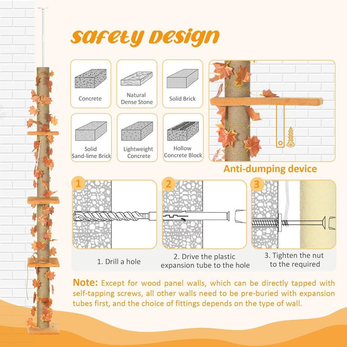 Premium 242cm Adjustable Cat Tree - Anti-Slip - Orange