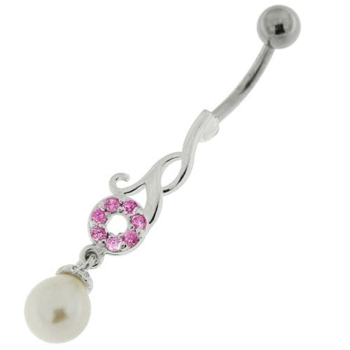 Jeweled Fancy Pearl Dangling Steel Banana Bar Navel Belly Ring