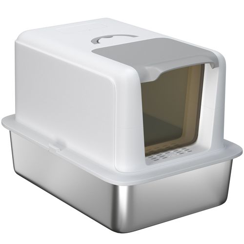 PawHut Stainless Steel Cat Litter Box with Removable Lid & Scoop, White