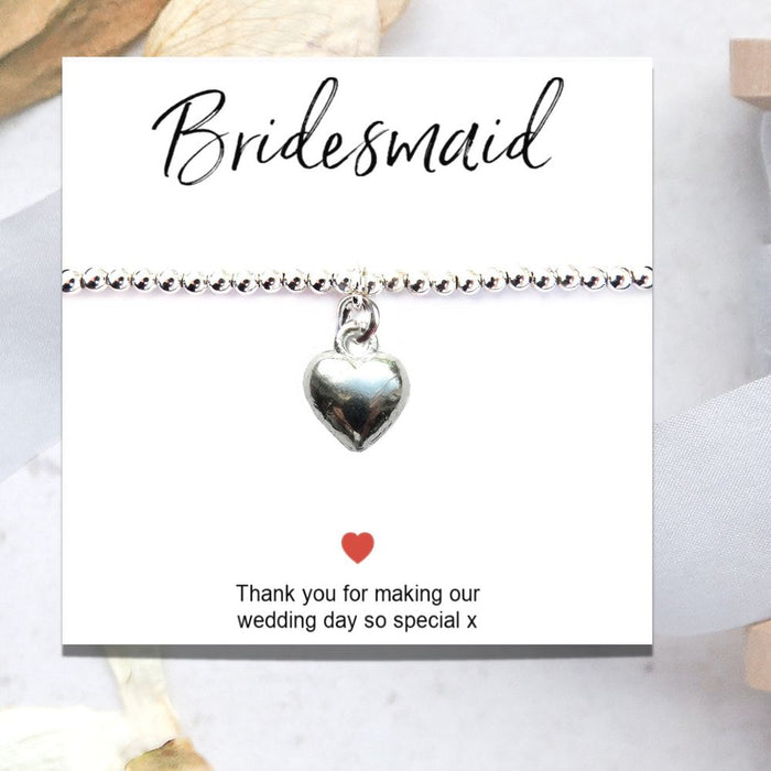 Bridesmaids Heart Bracelet & Thank You Card - Silver Plated