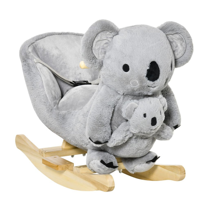 HOMCOM Kids Toddler Rocking Horse Plush Ride On Koala Rocker Wooden Base Seat Safety Belt w/Gloved Doll Toy for 18-36 Months Grey