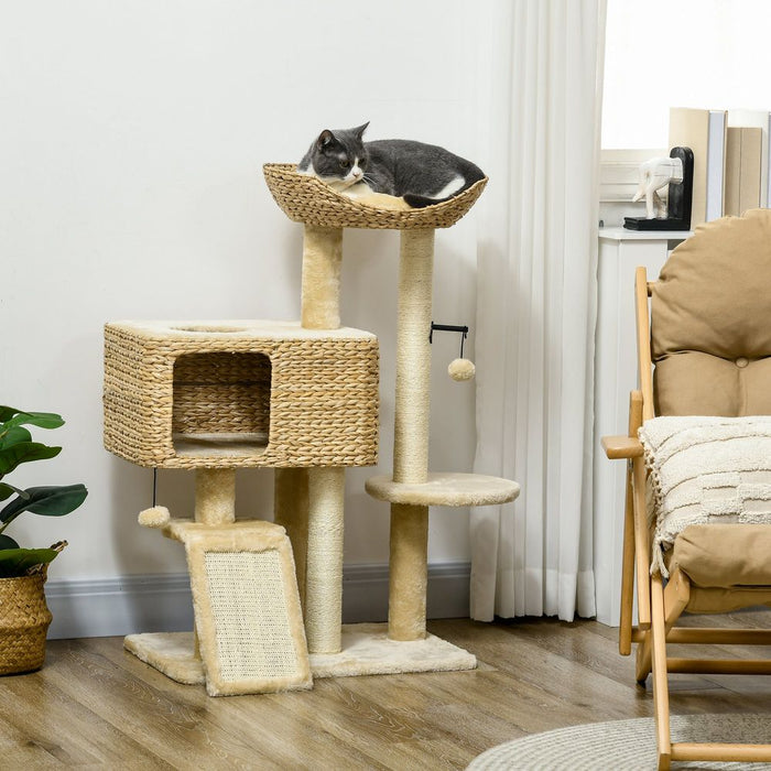 PawHut 95cm Cat Tree Tower w/ Scratching Post, Cat House, Ball Platform - Beige