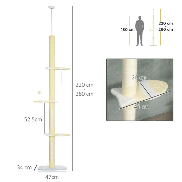 260cm Height Adjustable Floor-To-Ceiling Cat Tree w/ Anti-Slip Kit - Yellow