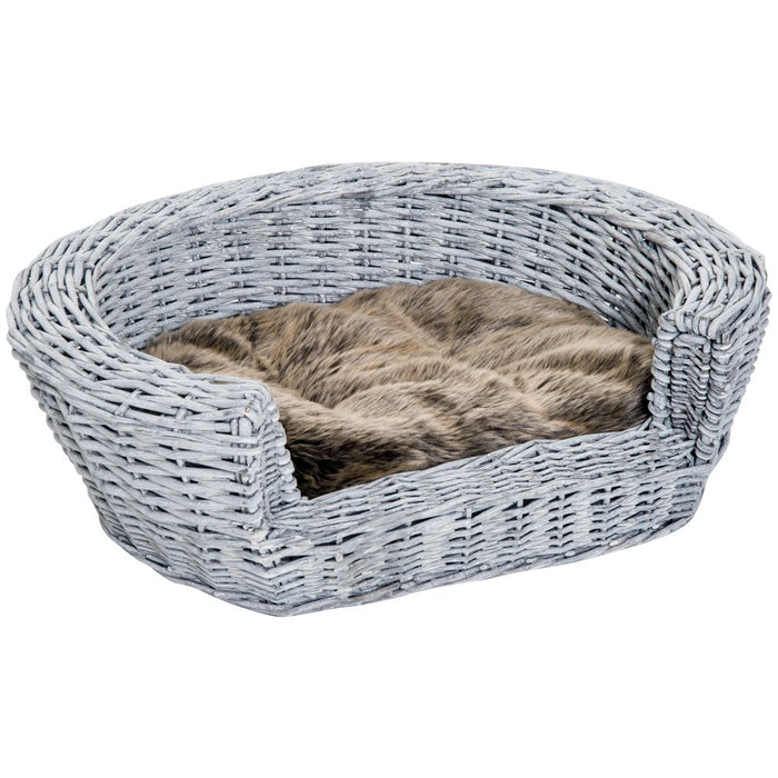 PawHut Wicker Pet Bed Willow Dog Cat Sofa Couch Puppy Basket with Cushion Grey 57L x 46W x 17.5H cm