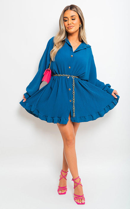 High-Quality Sofia Long Sleeve Pleated Button Up Mini Dress