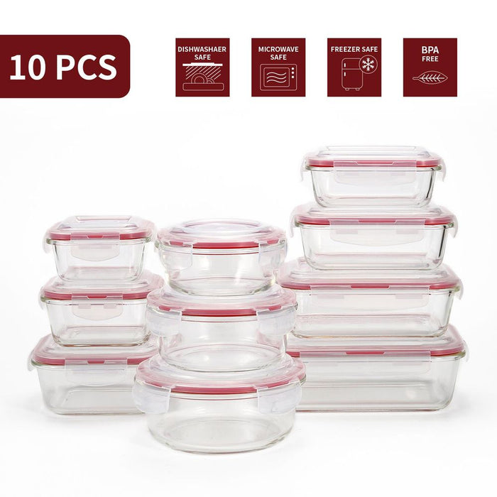 Vinsani Glass Food Containers 10-Pack | Airtight, Leakproof, BPA-Free | Dishwasher, Microwave, Freezer Safe