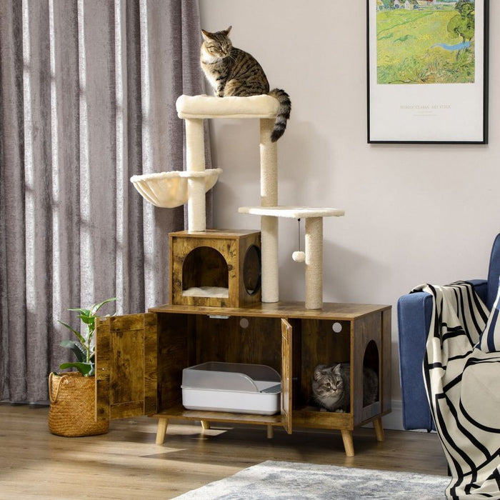 PawHut Cat Tree Tower with Enclosed Litter Box, Hammock & Scratching Post