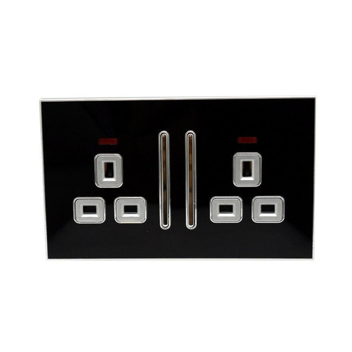 Premium Decorative Black Glossy Main Plug Sockets | Satin Gold Inserts | UK Certified