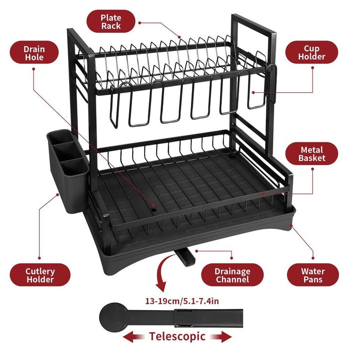 Vinsani Dish Drying Drainer Rack 2 Tier Space Saving Dish Rack Modern Kitchen Drying Rack with Cutlery Holder Auto Drainage System Dish Draining Rack for Kitchen Countertop (Black)