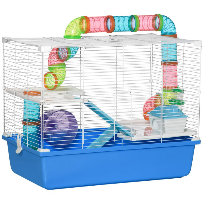 PawHut Hamster Cage with Tubes Tunnel 3 Level Rodent House with Exercise Wheel, Water Bottle, Food Dish, Ramp, Hut 59 x 36 x 47 cm- Blue