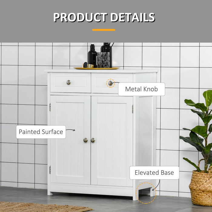 kleankin 75x60cm Freestanding Bathroom Storage Cabinet Unit w/ 2 Drawers Cupboard Adjustable Shelf Metal Handles Traditional Style White