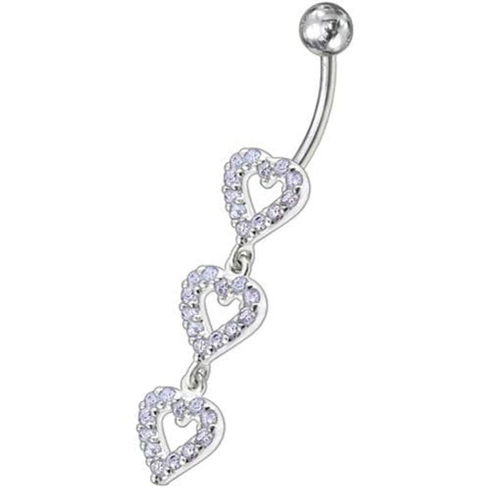 Triple Heart Dangling Fancy Multi Jeweled Curved Bar Belly Ring