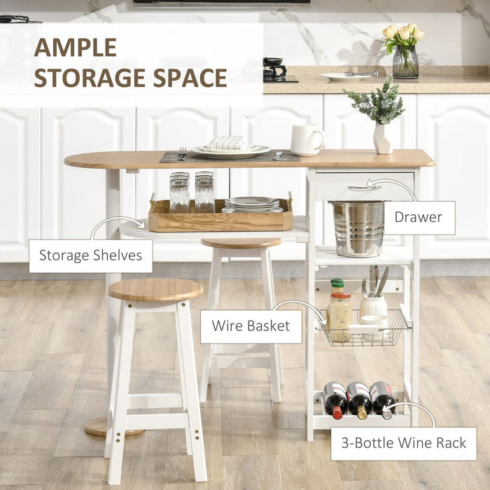 3Pc Bar Table Set, Natural White, Wine Rack, Stools