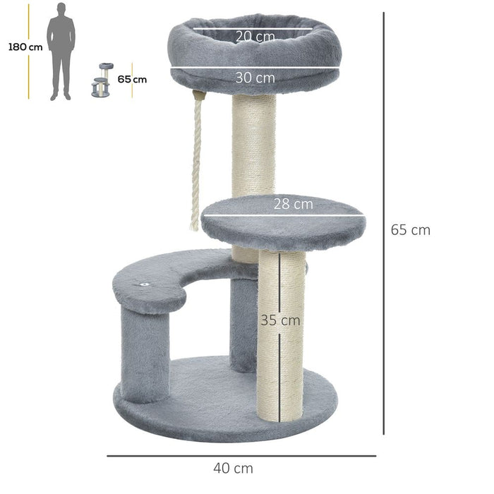 Pawhut 65 cm Cat Tree Kitty Scratcher Kitten Activity Center Scratching Post Playhouse 2 Perch w/Hanging Sisal Rope Grey