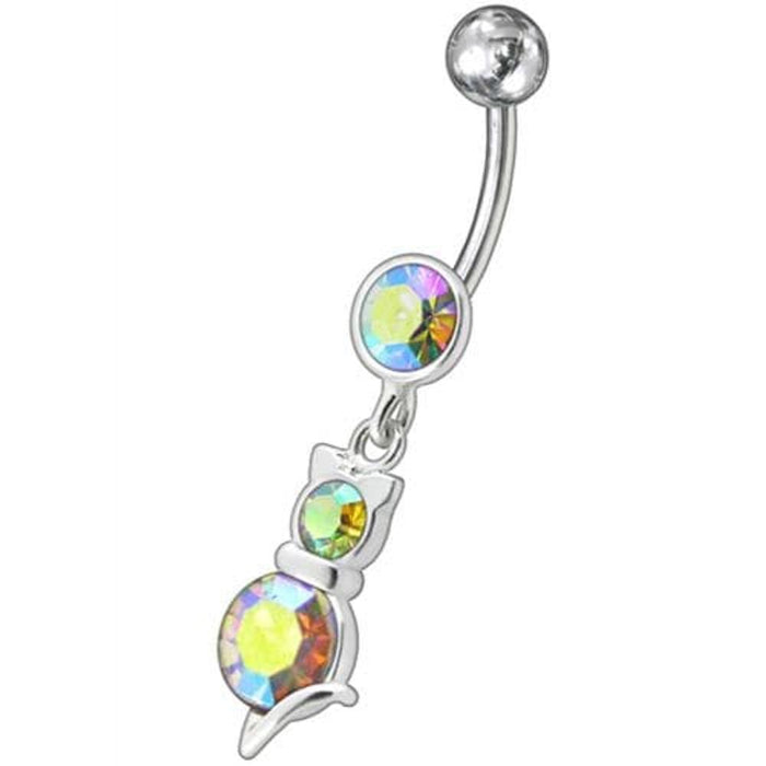 Silver Fancy cat with Single Stone Jeweled Dangling Belly Ring