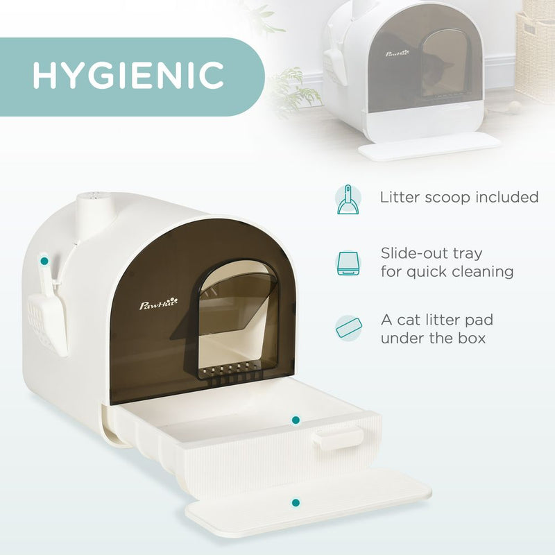 Hooded Cat Litter Tray - Kitten Toilet w/ Scoop, Filter, Flap Door - Best Quality, Easy Maintenance - 43x44x47cm