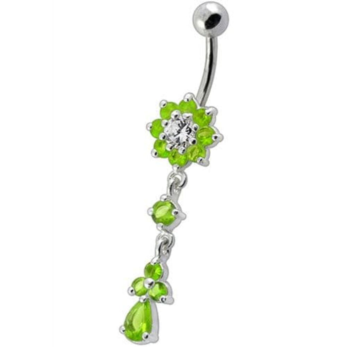 Fancy Jeweled Flower Dangling Curved Bar Belly Ring