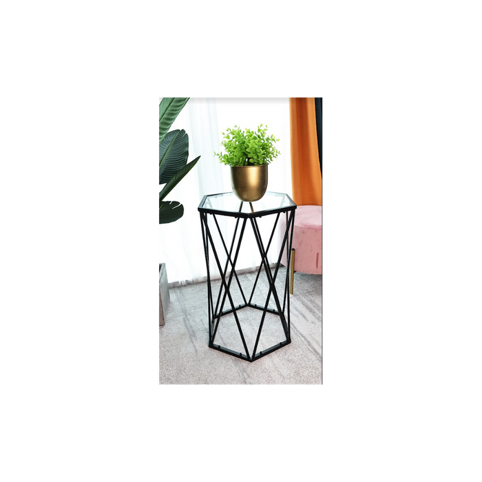 SLENDER Hexagon Black Side Table - Tempered Glass - High Quality - Professional Seller