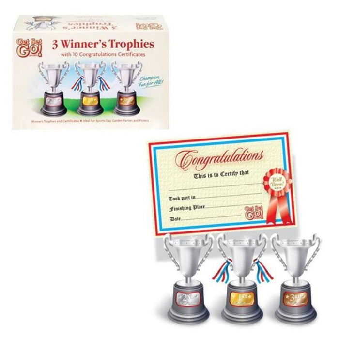 Aquarius Sport Trophies & Certificate Set - Perfect for Garden Parties, Picnics & Sports Day