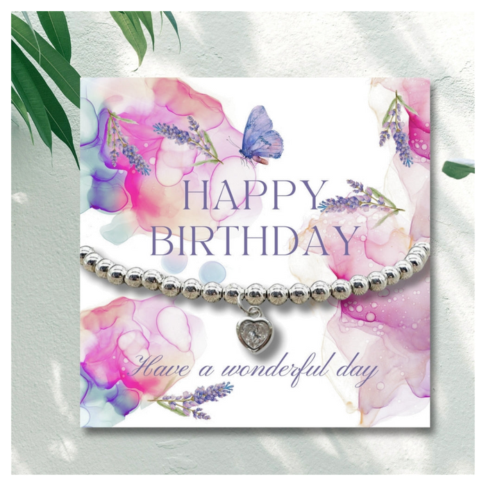 Happy Birthday Heart Bracelet & Lavender Butterfly Card