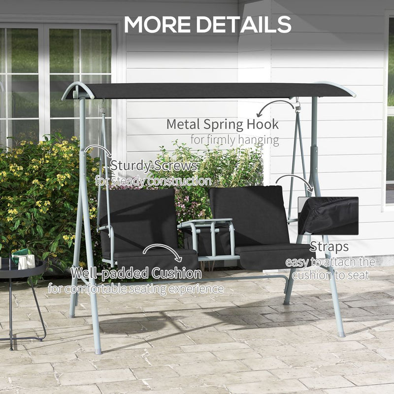 Outsunny 2 Person Patio Swing w/ Table & Storage - Black. Strong, Comfortable, Weather-Resistant. Easy Assembly. 220kg Capacity