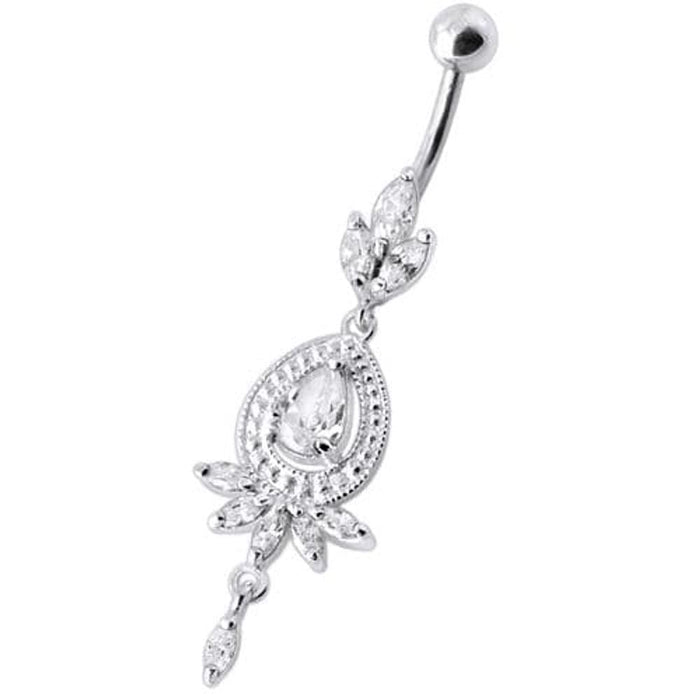 Fancy stone centered Jewel Dangling SS Bar Belly Ring