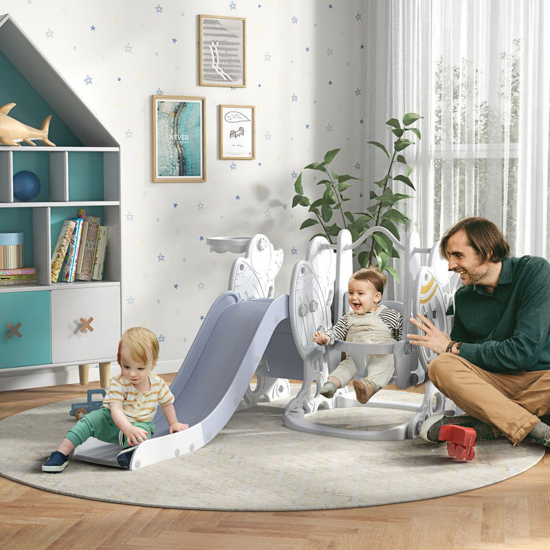 AIYAPLAY Space-Themed Slide and Swing Set for Kids, Swing Slide Basketball Hoop