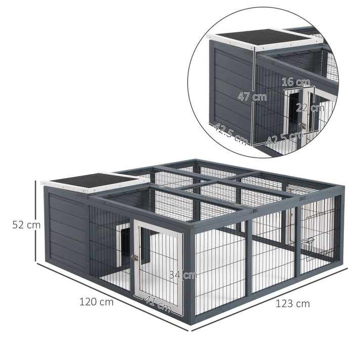 PawHut Rabbit Hutch Outdoor, Guinea Pig House, Bunny Run Cage with Openable Top for 2 Rabbits, 123 x 120 x 52cm, Grey