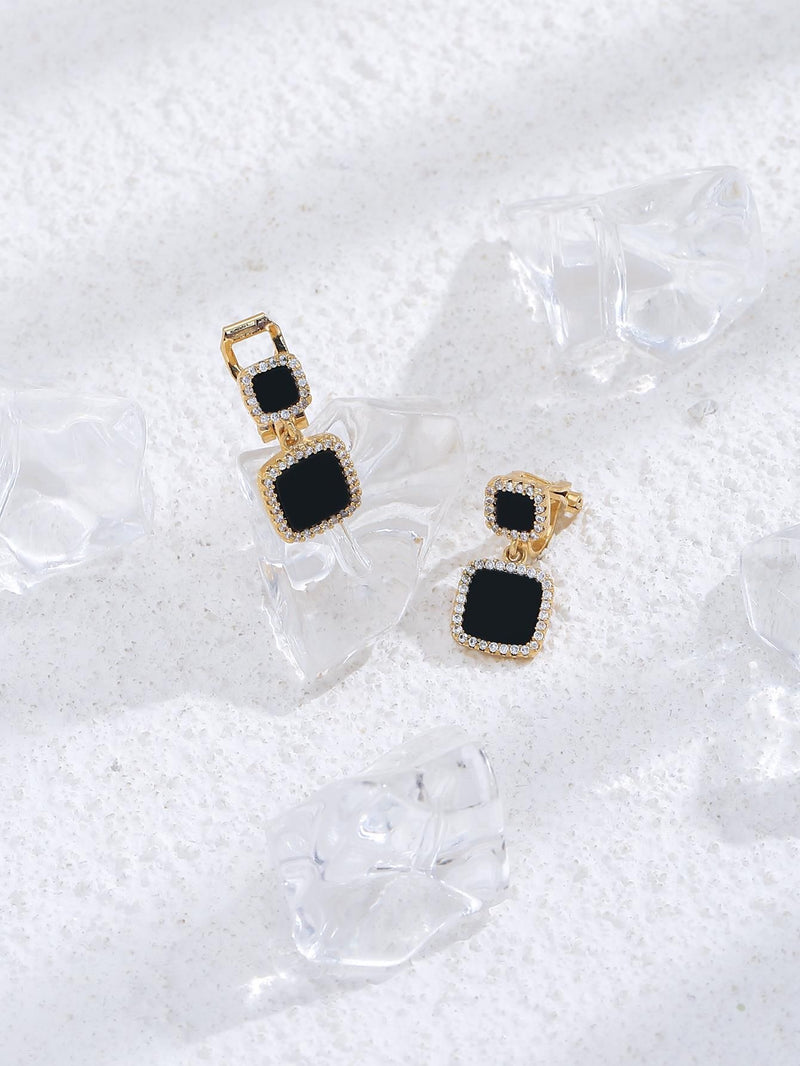 Gold Tone Square Black Drop Earrings Ear Clip Cuff Non Pierced