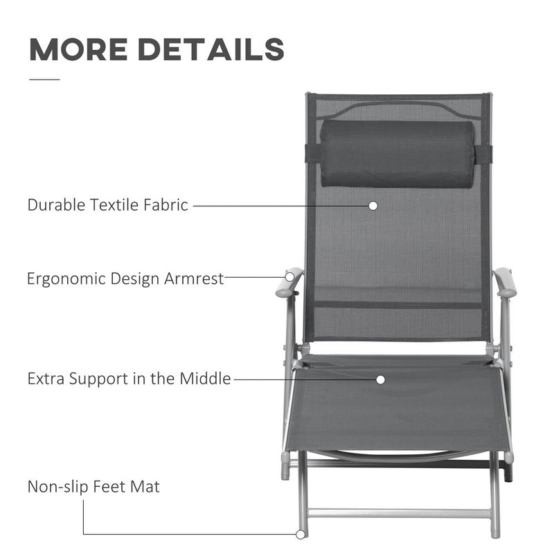 Sun Lounger Folding Chaise Chair Recliner & 7 Adjustable Backrest -  Dark Grey