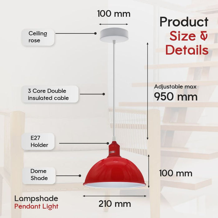 2Pack Dome Shaped Red Loft Style Sturdy Metal Lamp Shade Pendant Lights 21cm Bottom Spray Painted Finish Inner White