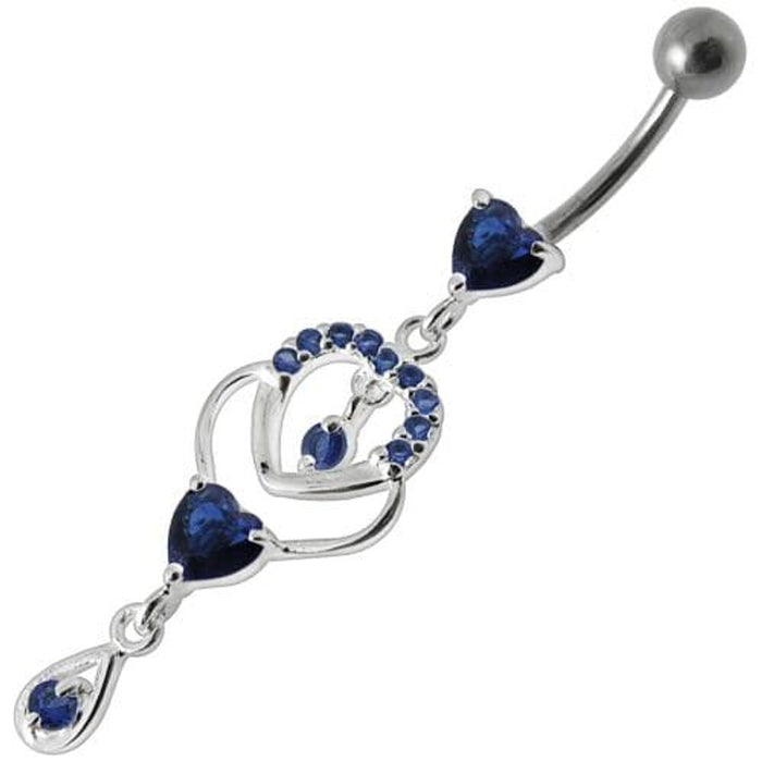 Fancy Jeweled Dangling Heart With Banana Bar Belly Ring Body Jewelry