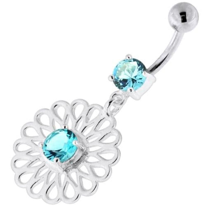 Center Jeweled Fancy Flower Pattern Navel Belly Piercing