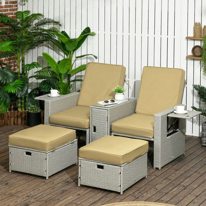 Adjustable Rattan Sun Lounger Set, 5-Position, Storage Tea Table & Footstools - Beige