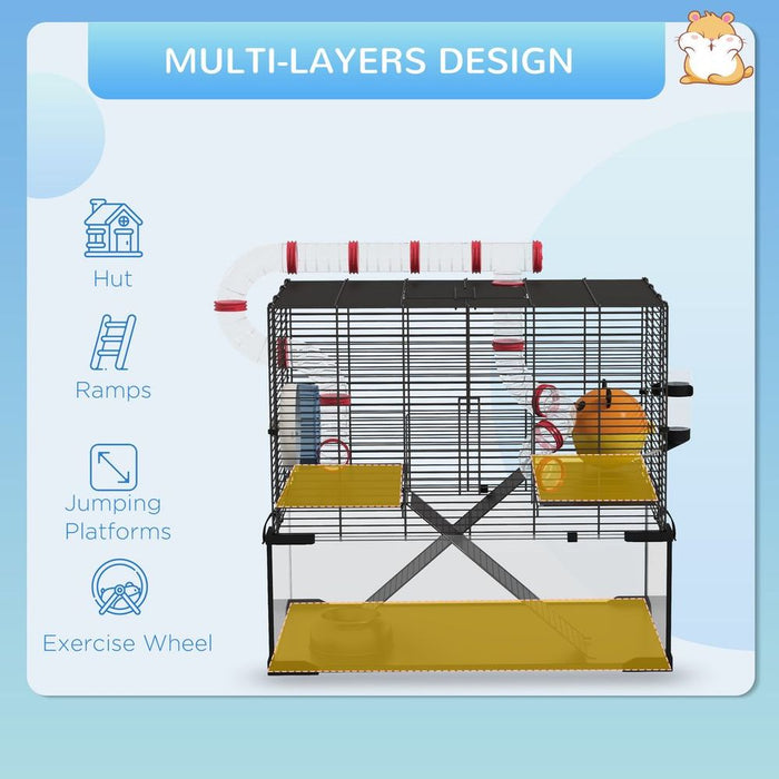 PawHut Hamster Cage w/ Tubes, Ramps, Platforms, Hut | High-Quality Upgrade for Happy Small Pets