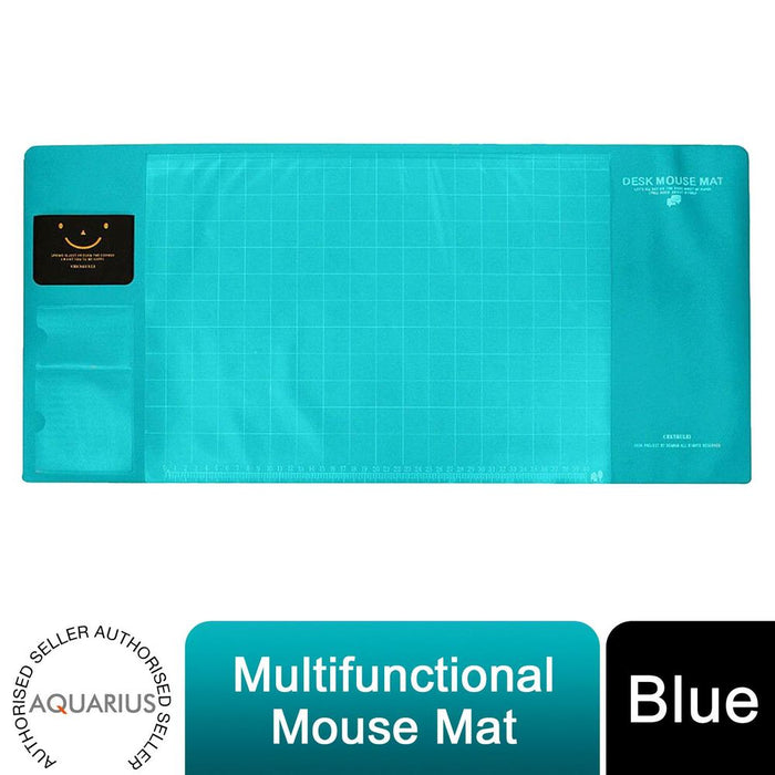 AQ Multifunctional Desk Mouse Mat - Blue. Eco-Friendly PVC+DS Materials. Calendar, Phone Holder, Quality Design.