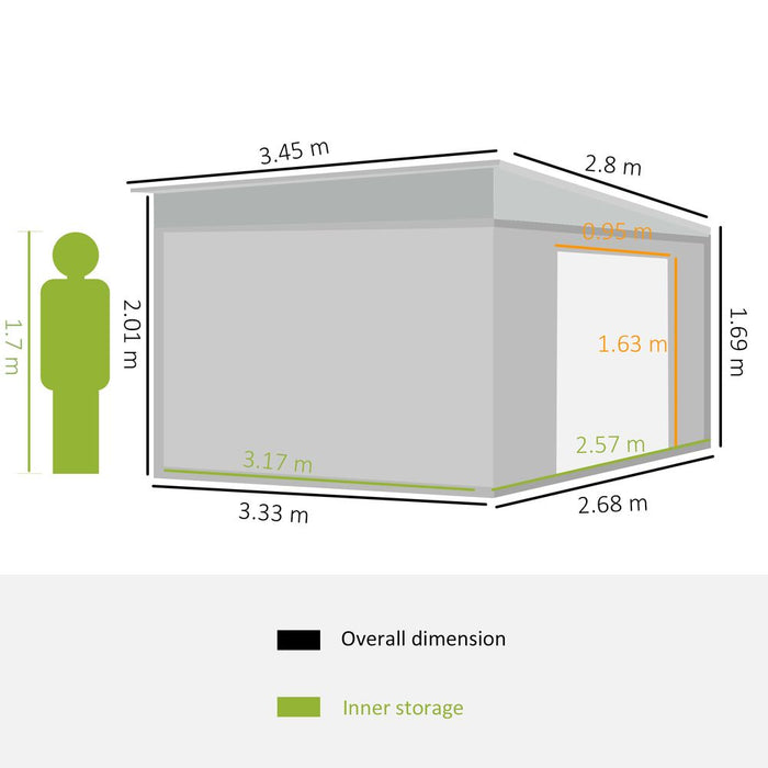 11.3 x 9.2ft Steel Garden Shed Metal Tool House Double Doors & 2 Air Vents, Grey