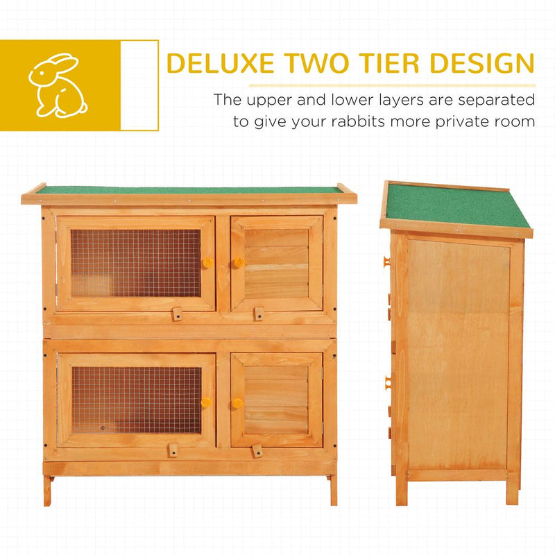 PawHut 2-Tier Double Decker Wooden Rabbit Hutch Pet Cage Guinea Pig Hutch with Sliding Tray Opening Top