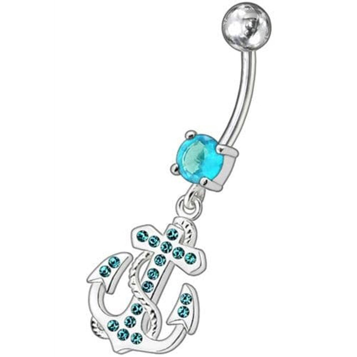 Fancy Jeweled Anchor And Cross Dangling Curved Belly Ring